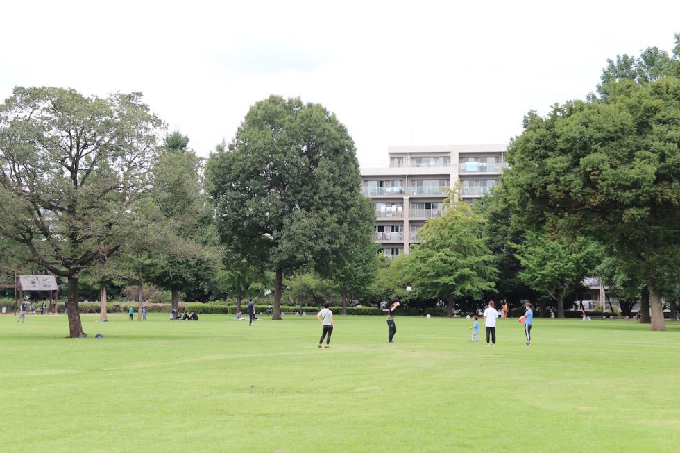 都立武蔵国分寺公園の広場。平日も多くの人が訪れ、ウォーキングやボール遊び、ピクニックなどを楽しむ姿が見られる