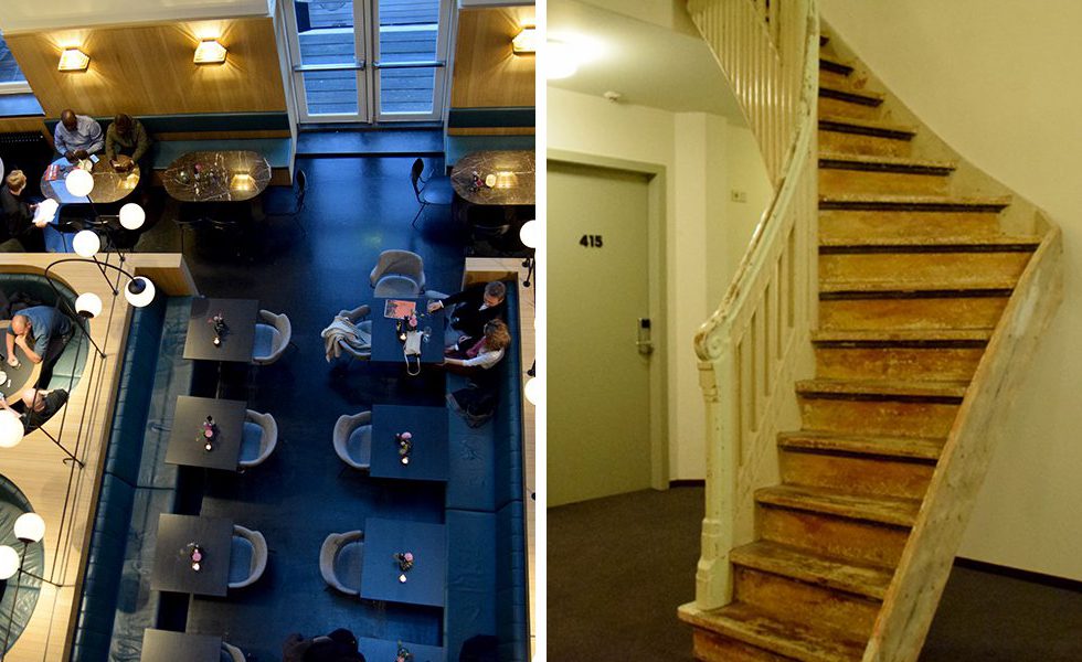 左：Lloyd Hotelの1階はカフェとして開放されている。　右：内装は全面リノベーションされているが、一部、昔の階段などが残っている。