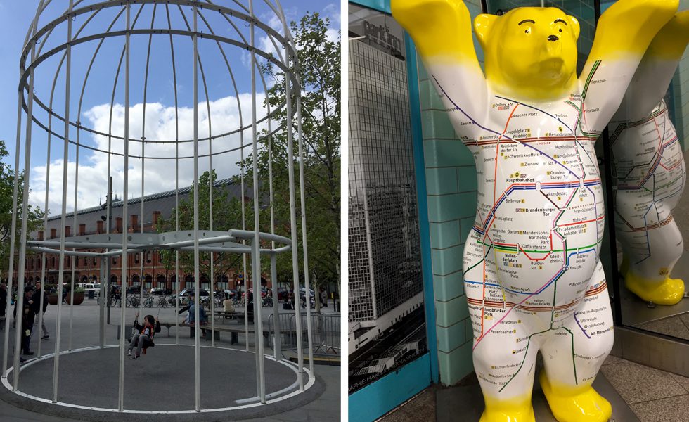左：ロンドンのキングス・クロス駅とセント・パンクラス駅の間にある広場。鳥かごの中にあるブランコは子どもたちに大人気。　右：ベルリン地下鉄の路線図。こんなユーモアが町中にたくさん散りばめられている。
