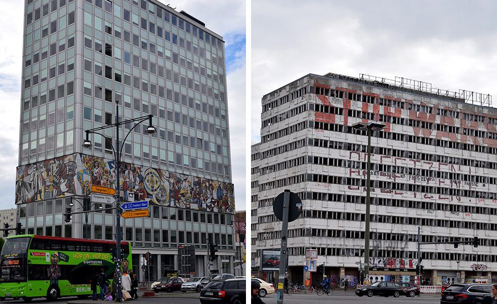 左：ベルリンにはストリートアートがいたる所に。　右：ベルリンの中心駅の一つであるアレクサンダー広場。駅近くにある廃墟ビルの壁面には「STOP WARS」と描かれている。