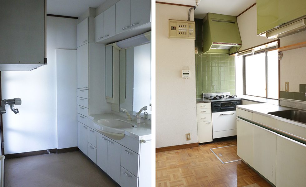 左：洗面所は収納の多さが魅力的。洗濯機置き場もここです。右：台所はカウンタースペースが広いので使い勝手が良さそうです。