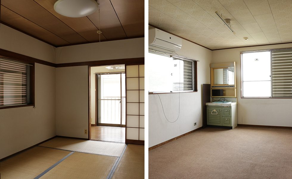 左：和室の畳も比較的綺麗な状態です。右：2Fの洋室の一角にはなぜか洗面台が（笑）