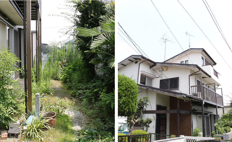 左：お庭も手入れ次第ではかなり広く使えそうです。右：大通りからは遠く、とても静かな環境にあります。