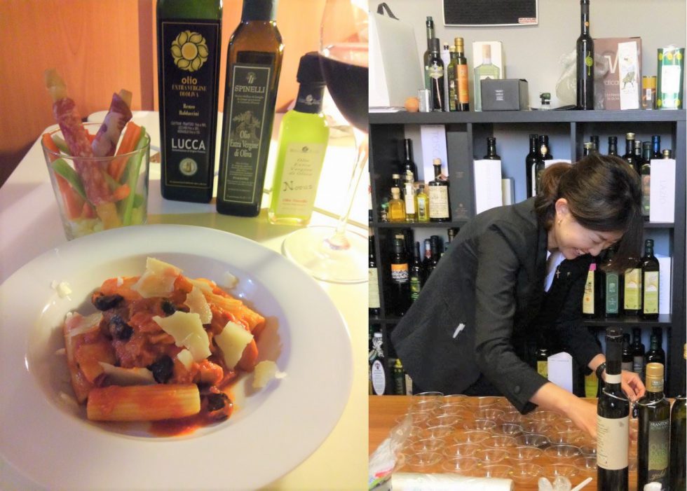 イタリアのトスカーナでAISOの上級資格、コースディレクターを取得した時の写真。（右）テイスティングの準備をする島田さん。何百にものぼるオリーブオイルを味わい、舌を鍛えた。（左）留学中のレジデンスでの食事。この写真を見るたびに、初心にかえるのだそう。