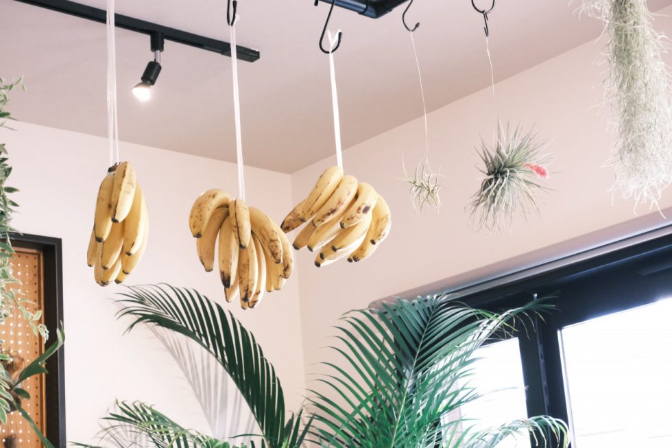 季節ごとにバナナやパパイヤなどの農産物も並ぶ。「徳之島ではバナナがその辺に生えていて。ここもジャングルみたいにしたかったんです」と、店内にバナナを吊るせるレールを設置。