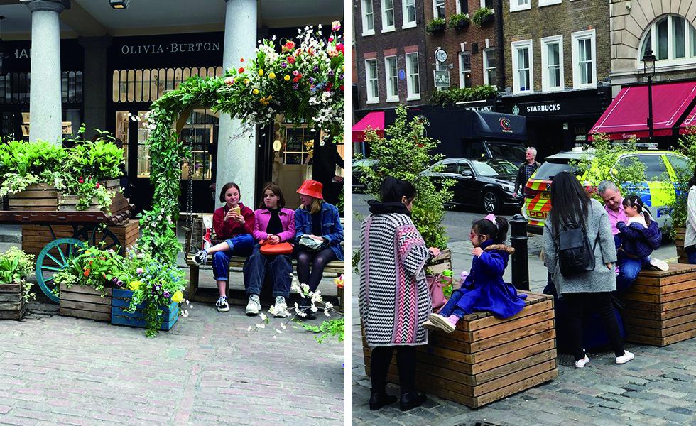 左：ロンドンの歩道に設置された緑とベンチ。ここは造花だが、町を彩る一役を担っている。　右：緑で彩られたベンチが並んでいる。奥の建物は窓から植物が吊られている。