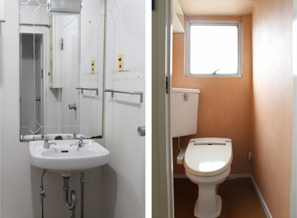 海外のアパートにありそうな少し無骨な洗面台と、サーモンピンク色の壁が印象的なトイレ。
