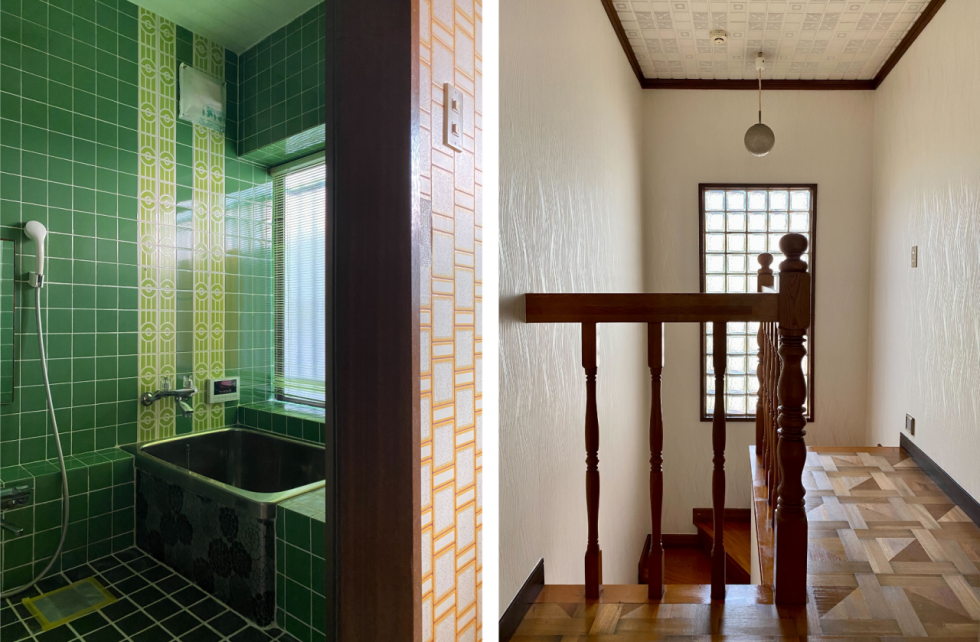 1階の浴室は、色や柄にレトロなかわいさがあります。階段を上って2階へ。