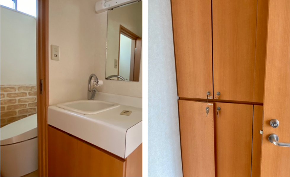 洗面台とトイレが近いだけでなく、トイレ上部に窓があり、換気しやすい作りになっています。また、右側に鍵付きの収納スペースがあるのも便利です。
